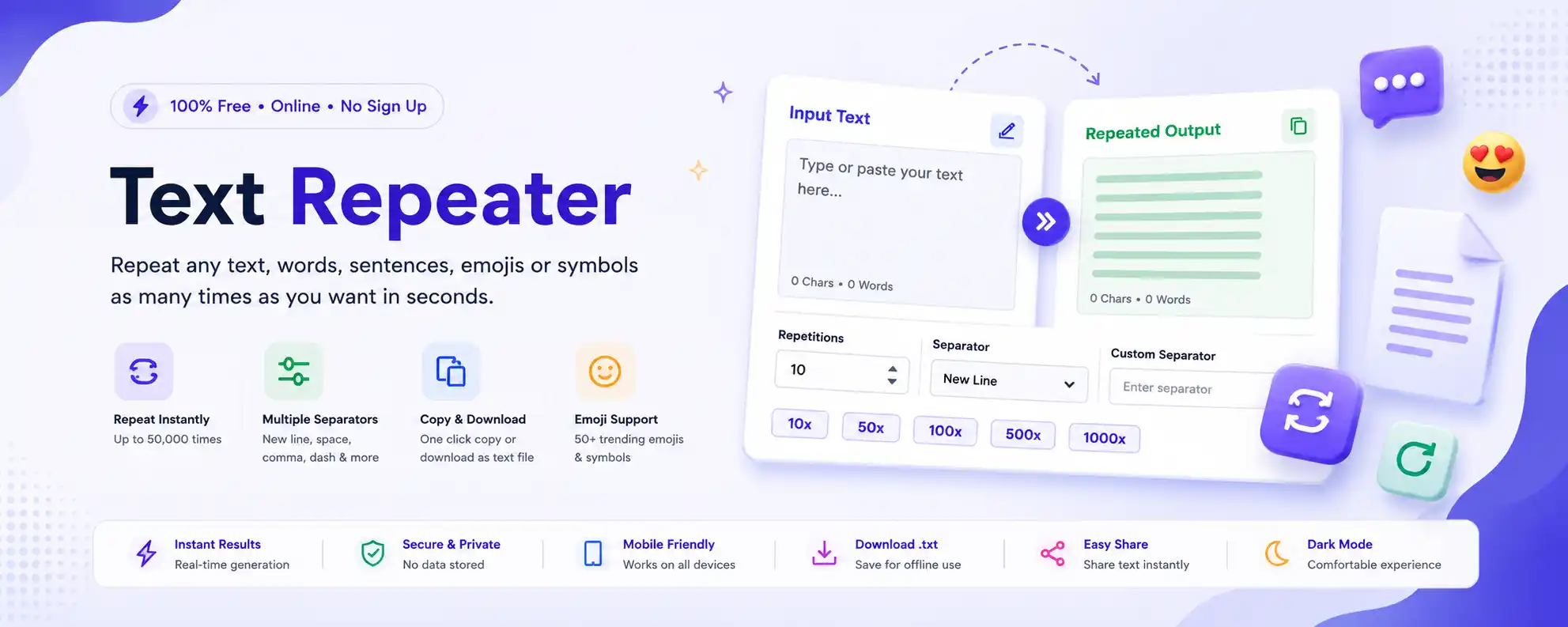 Text Repeater Tool - Repeat Text, Words, Emojis & Symbols Unlimited Times