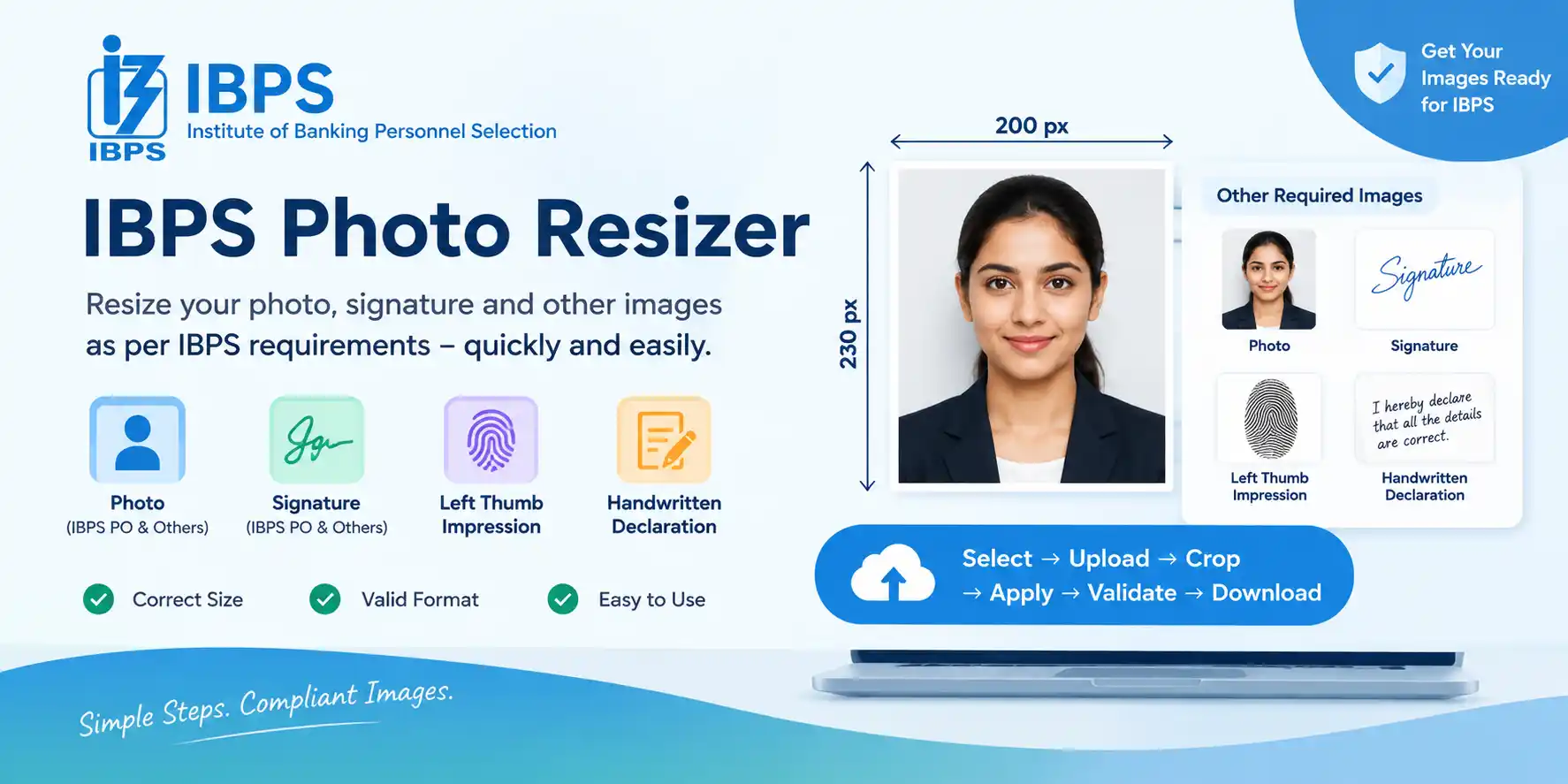 IBPS Photo Resizer tool interface for resizing photo, signature, left thumb impression and handwritten declaration