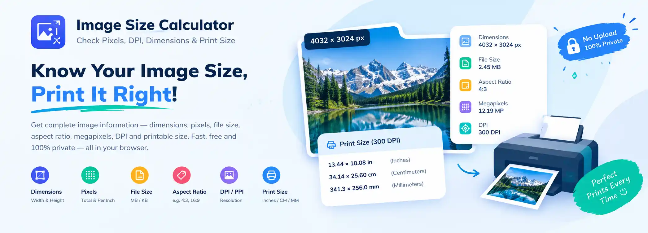 Image Size Calculator banner showing pixels, DPI and print size